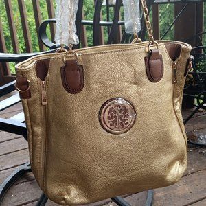 Large gold leather purse bag handbag